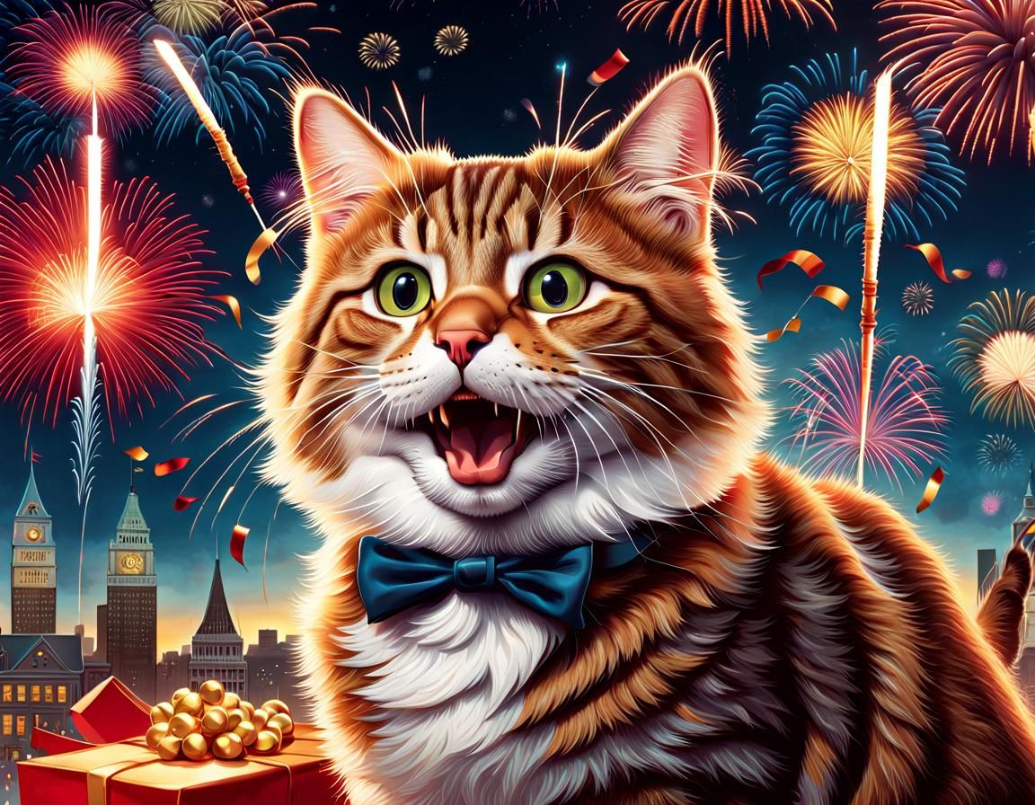 Hyperrealistic New Year Cat Celebrates 2024
