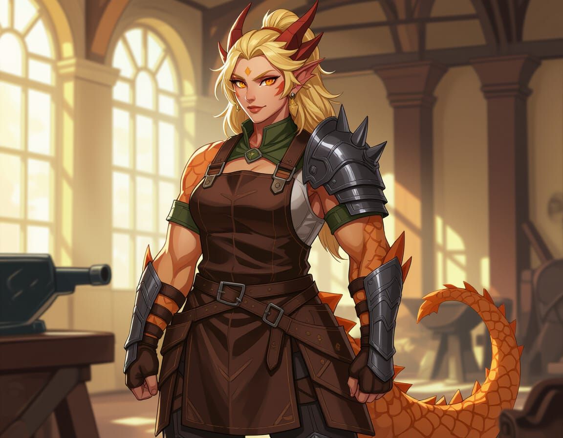 Anime-Style Dragon Woman Blacksmith in Sci-Fi Setting