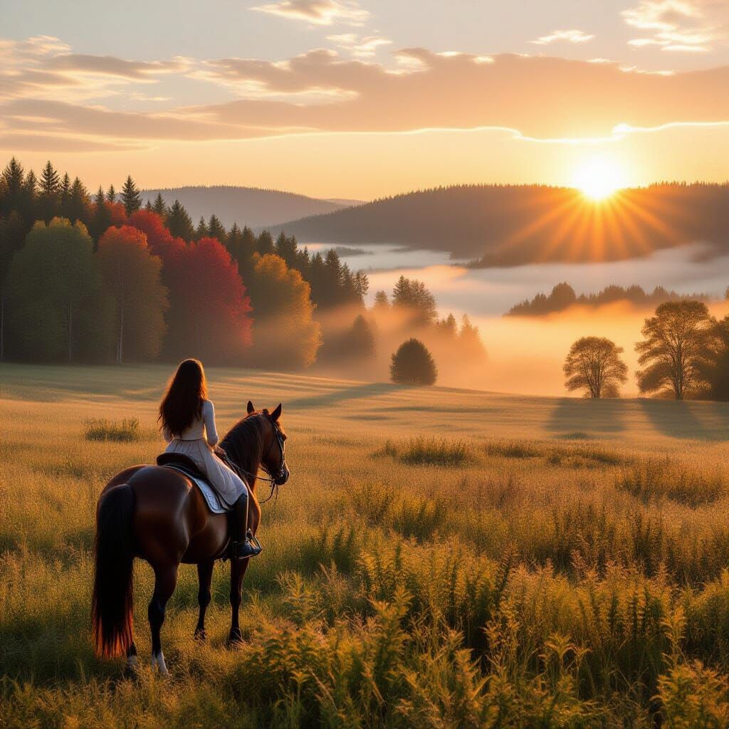 Raven-Haired Woman and Horse at Sunrise on Prairie