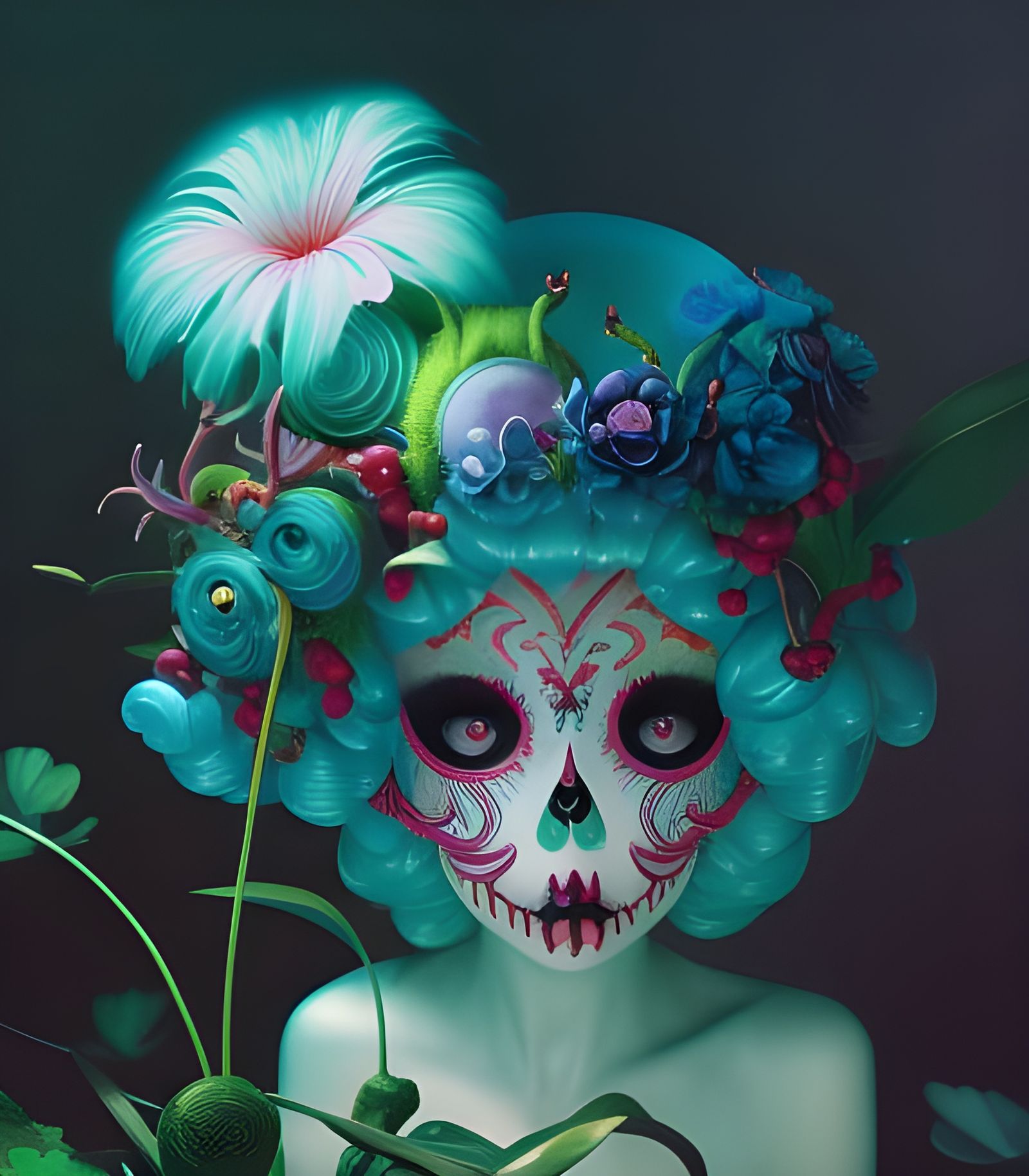 Hypnotic Flowerpunk Skull in Hyperrealistic Style