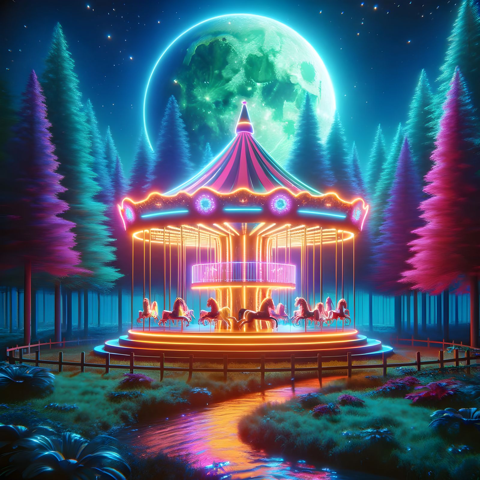 Neon Carousel in Moonlit Forest