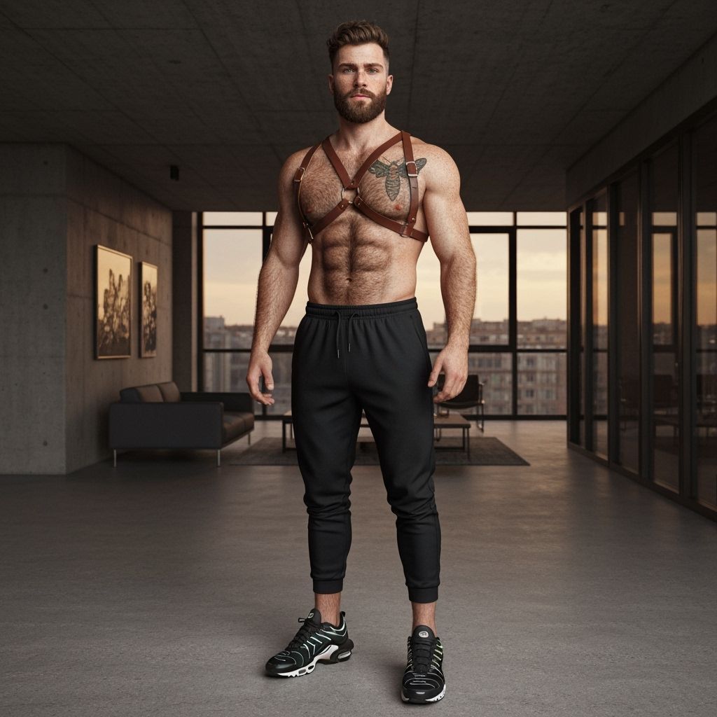 Photorealistic Image: Handsome Man in Brutalist Apartment