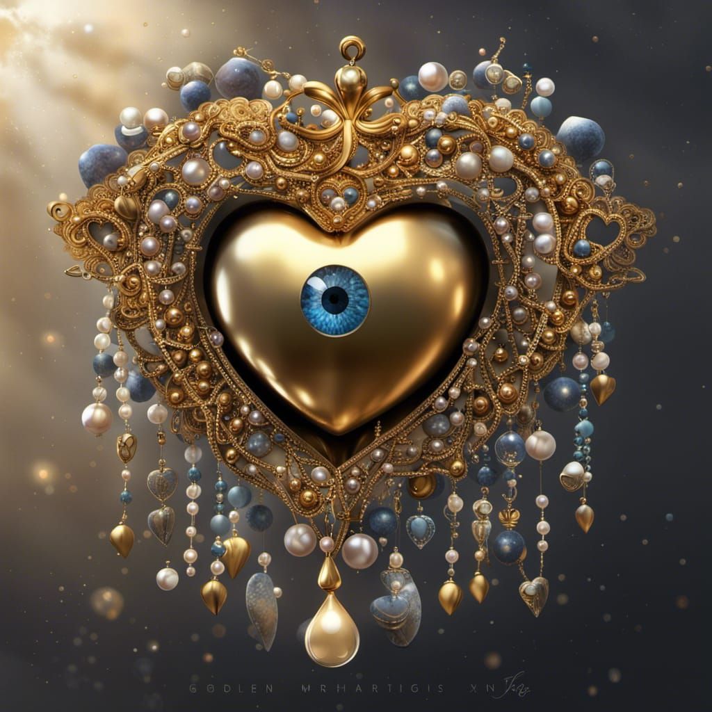 Golden Heart Ex-Voto with Crying Eye: Detailed Matte Paintin...