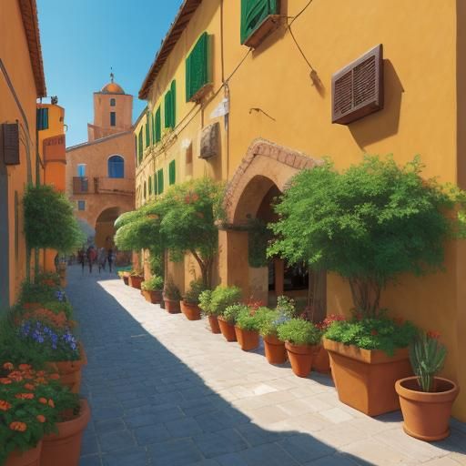 Mediterranean Market Street in Oil Painting Style