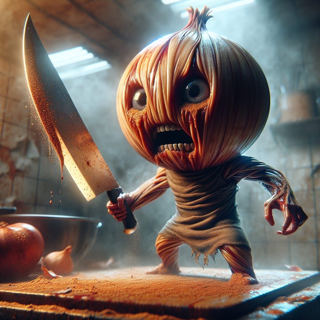 Onion Warrior Grips Knife in Dystopian Scene