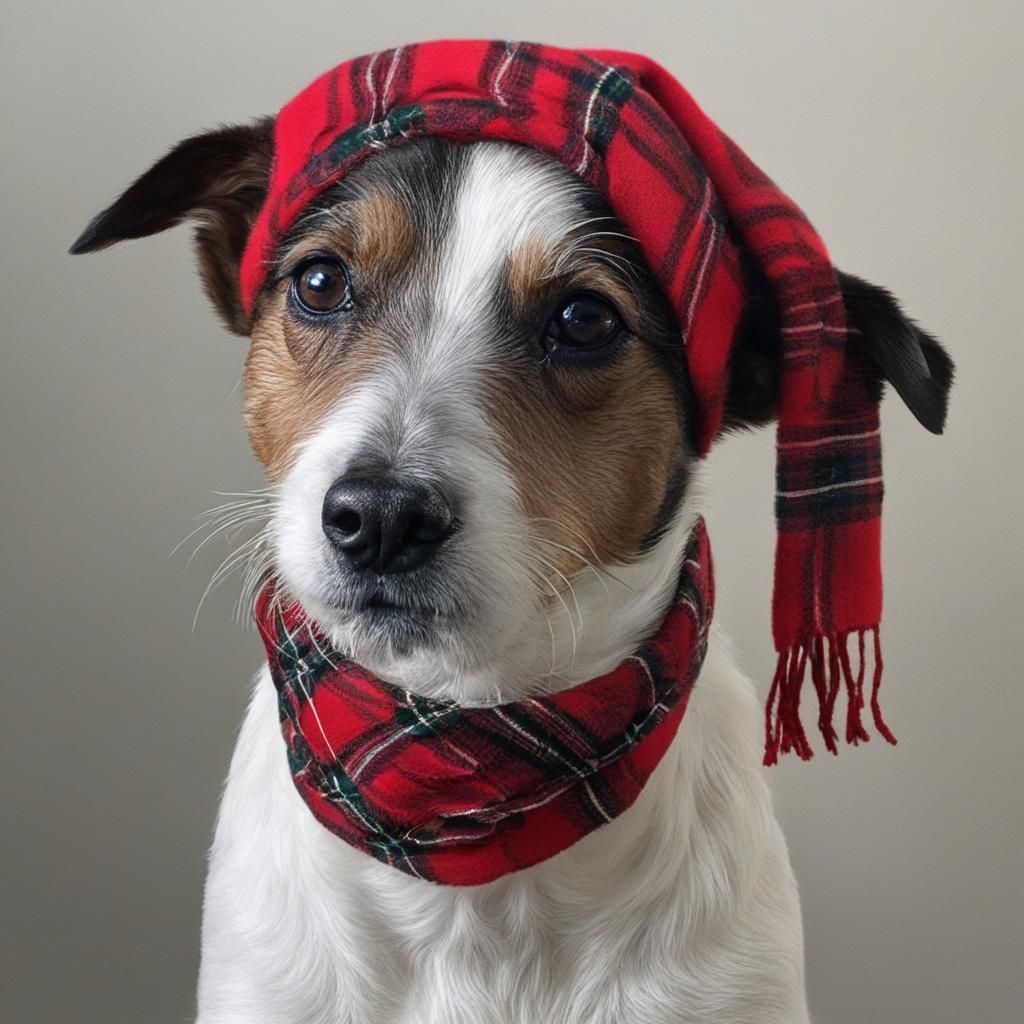 Jack Russell Terrier in Tartan Hat and Scarf