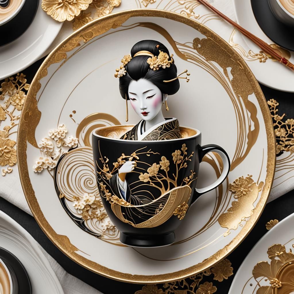 Latte Art Geisha in Japanese Coffee Cup