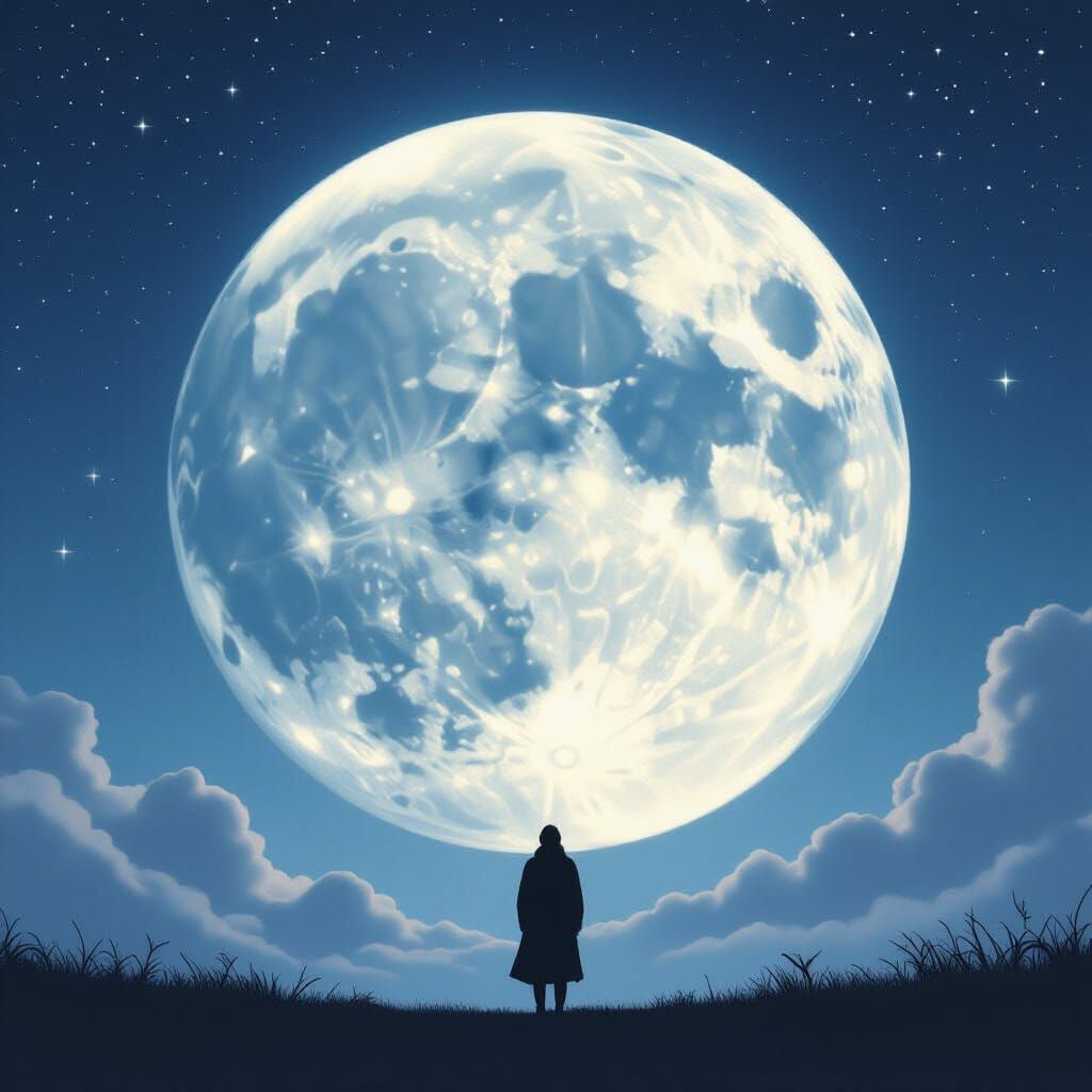 Solitary Figure Gazes at Luminous Moon in Surreal Night Sky