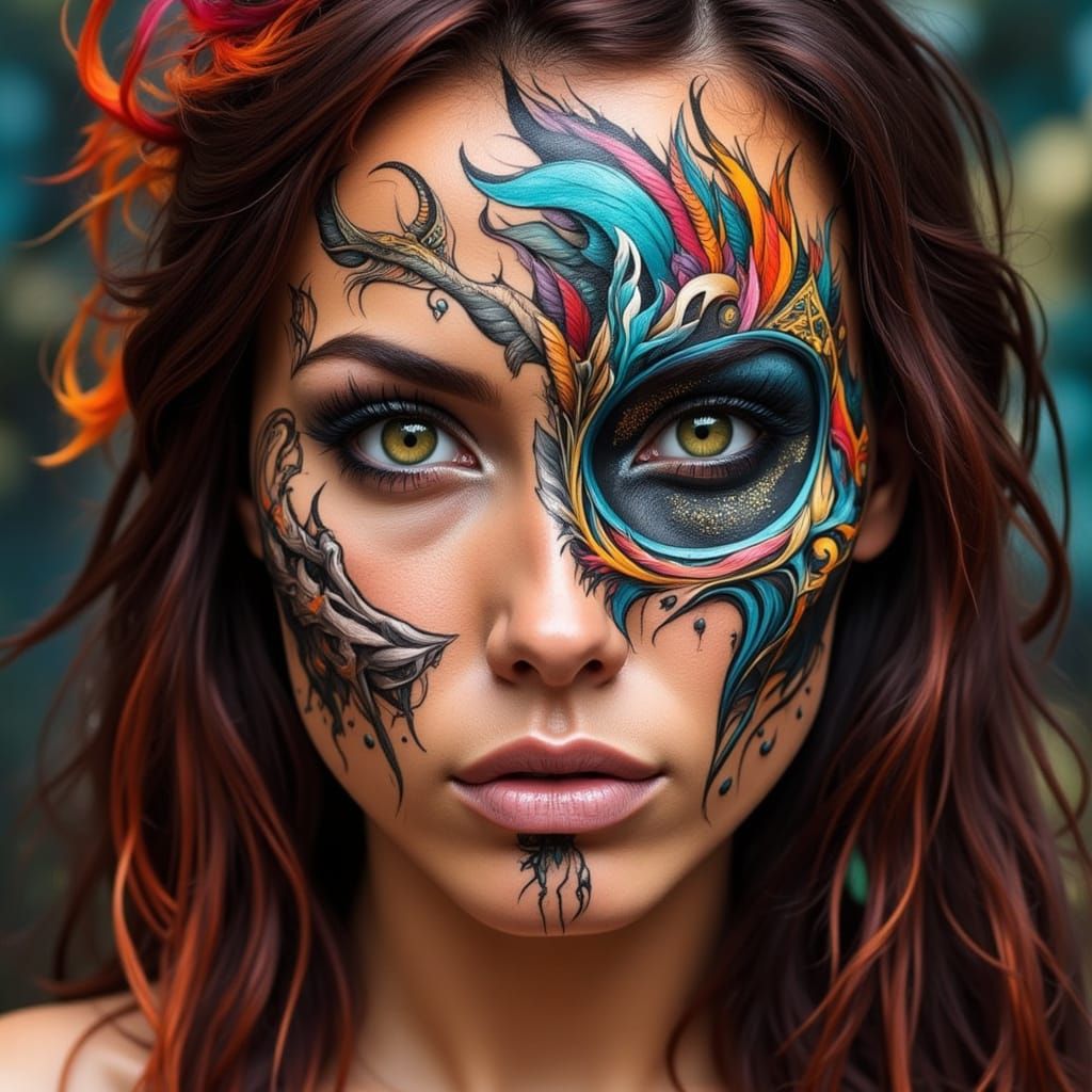 Woman with Skull Tattoo Mask in Fantasy Art Style