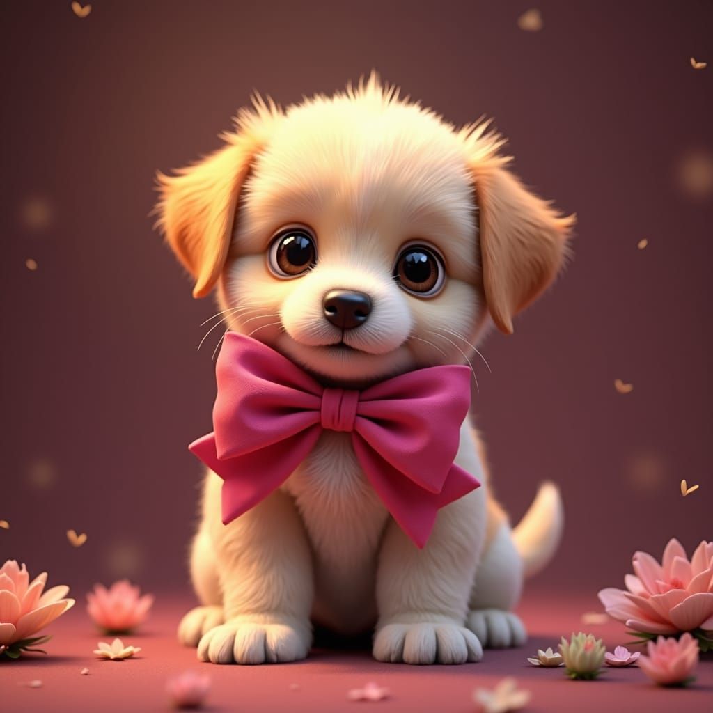 Cute Puppy with Pink Bow in Dreamy Setting