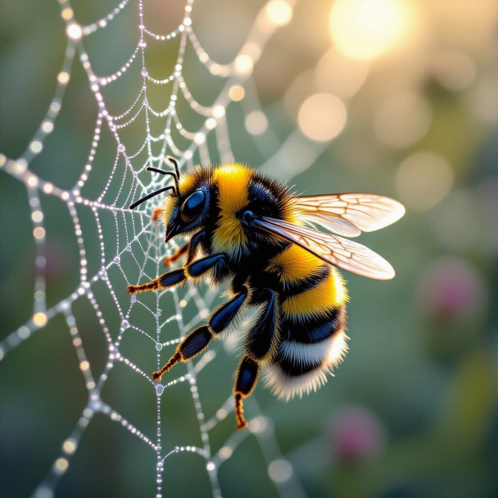 Bumblebee Entangled in Spiderweb: Hyperrealistic Digital Art