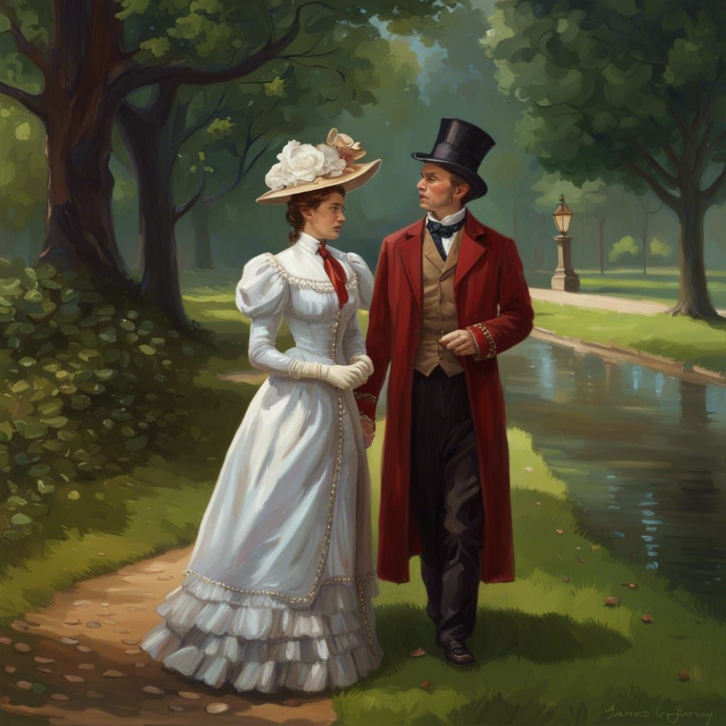 Victorian Couple Walking in Park: Digital Art