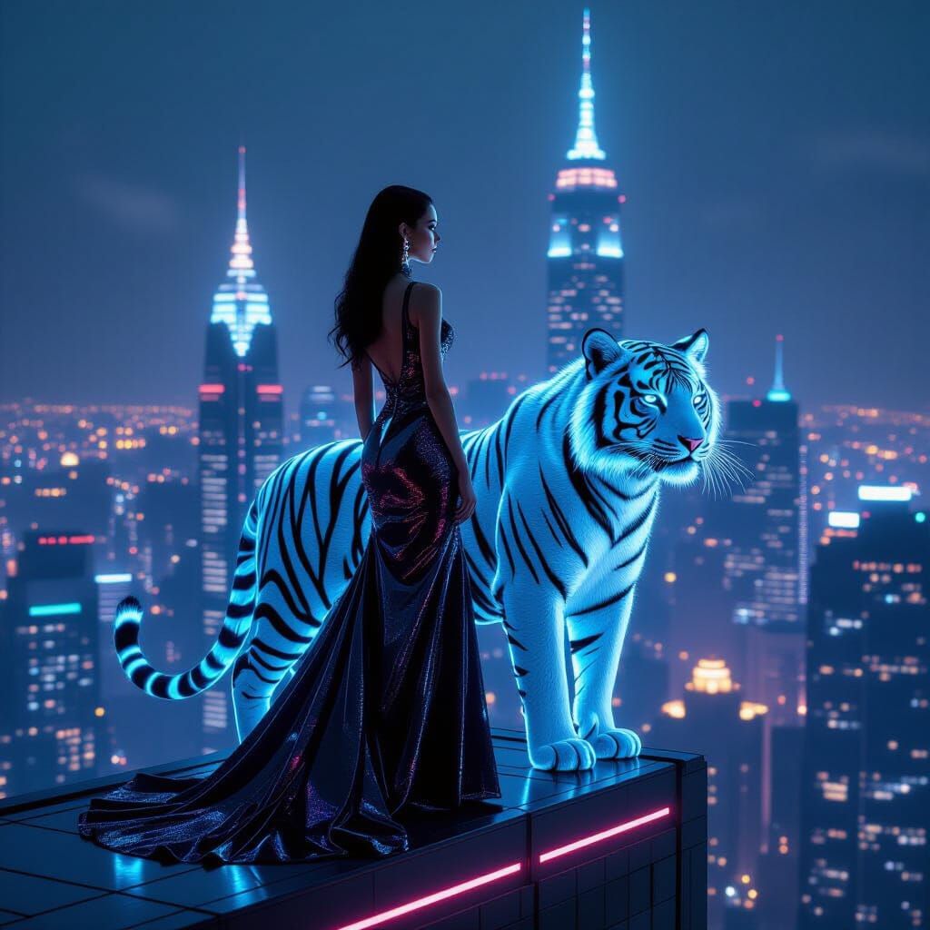 Cyberpunk Girl with Cyber Tiger on Skyscraper