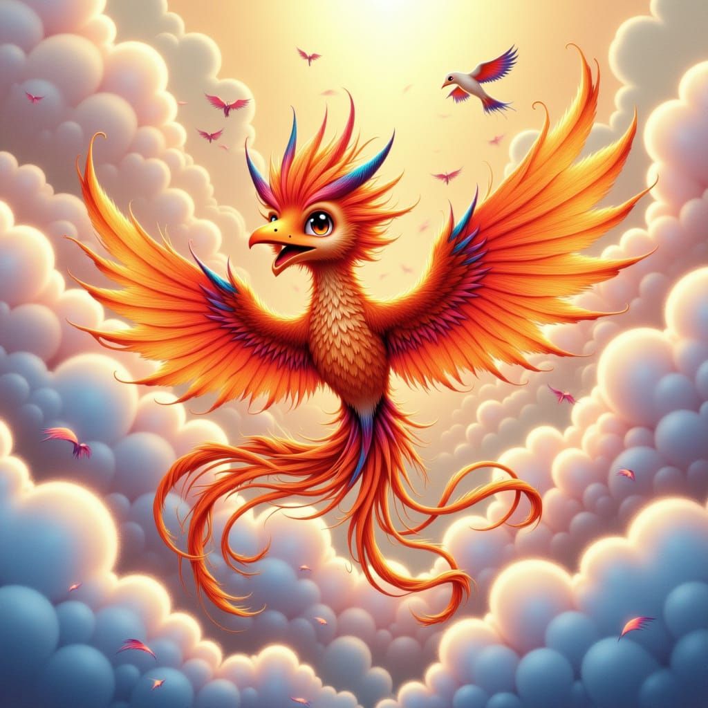 Majestic Baby Phoenix in Whimsical Cloudscape