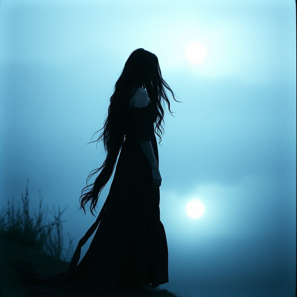 Sorrowful Woman at Moonlit Lake: Cinematic Still
