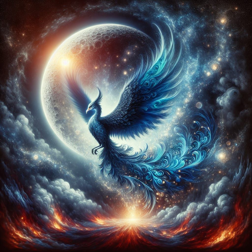 Majestic Blue Phoenix Rising from Moon Ashes