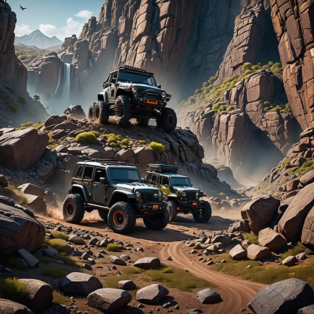 Jeeps Rock Crawling Offroad in Matte Painting Style