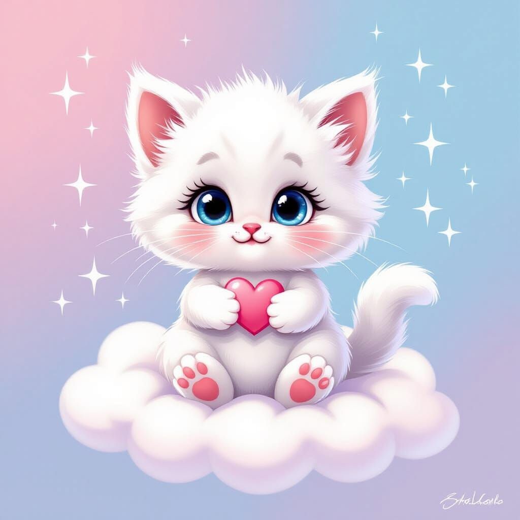 Cute Fluffy Kitten on Cloud with Heart