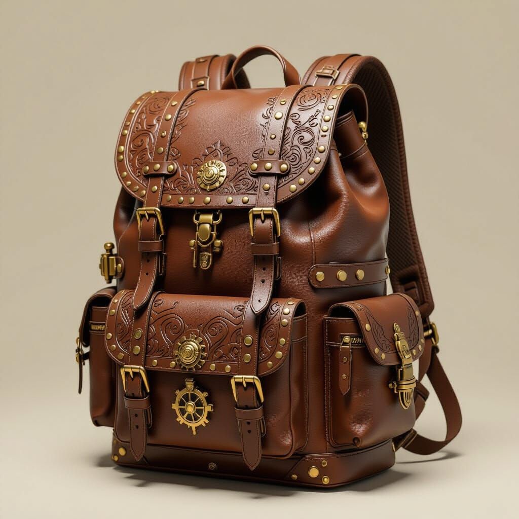 Intricate Steampunk Backpack with Gears and Leather Textures