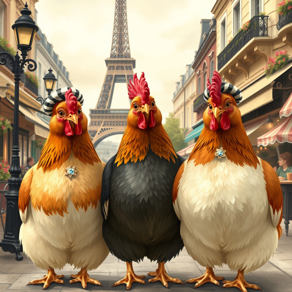 French Hens Visit Paris in Folk Art Style