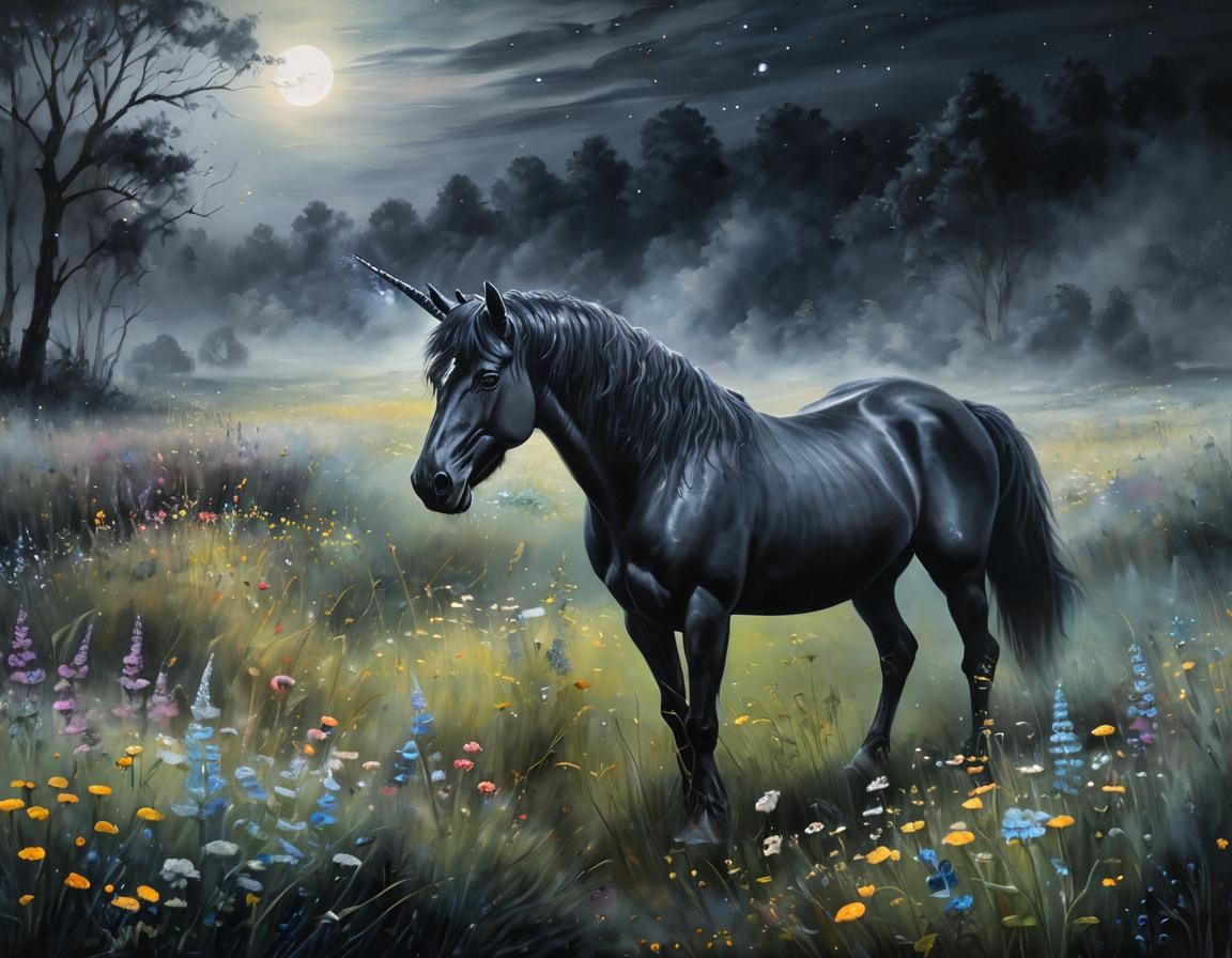Black Unicorn Exhaling in Misty Moonlight: Oil Painting