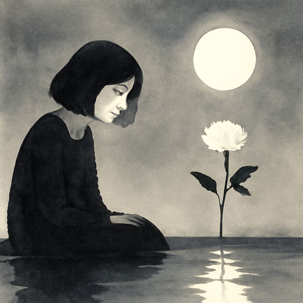 Sad Girl Under the Moonlight in Watercolor