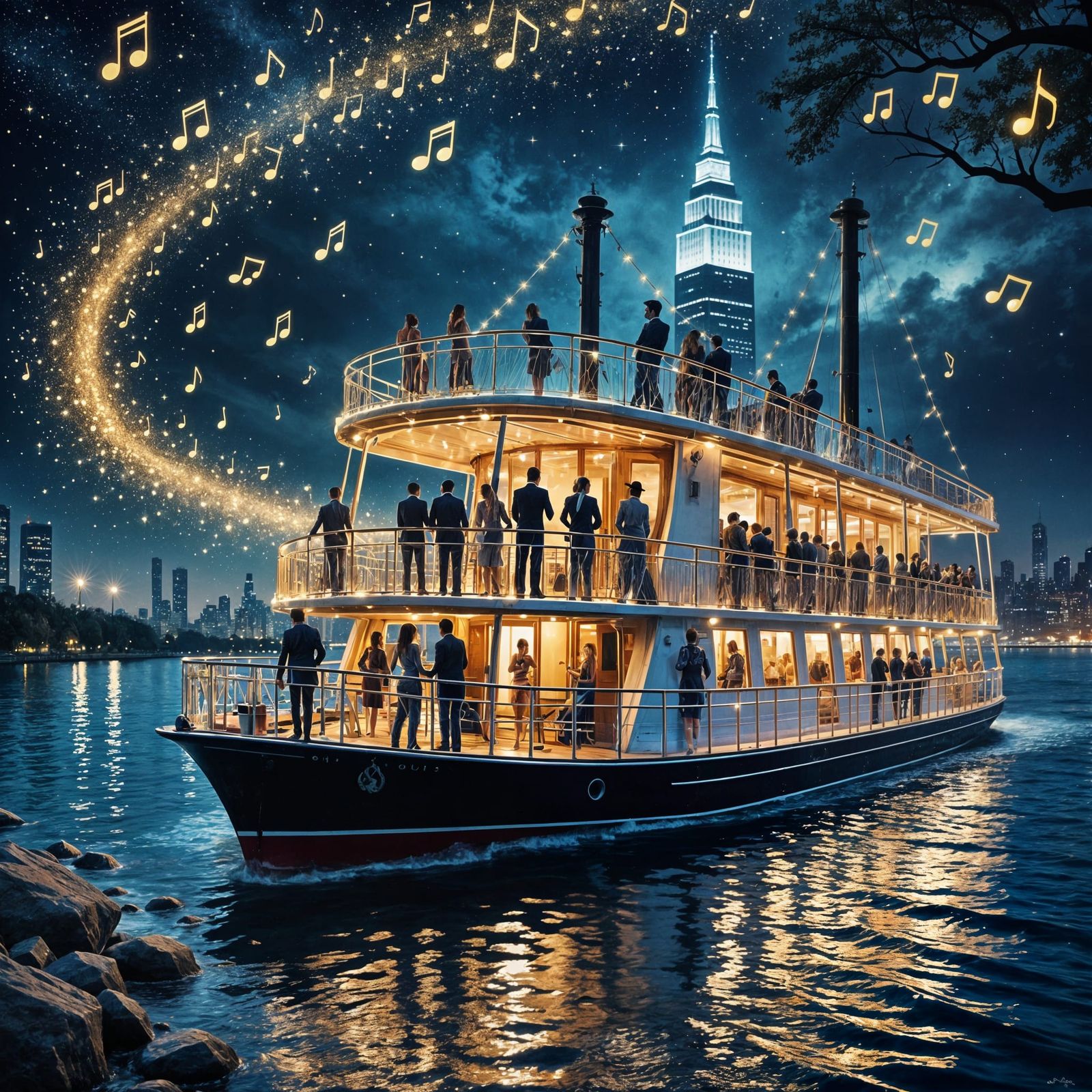 Luxurious Nighttime Ferryboat Scene in Ink Sketch Style