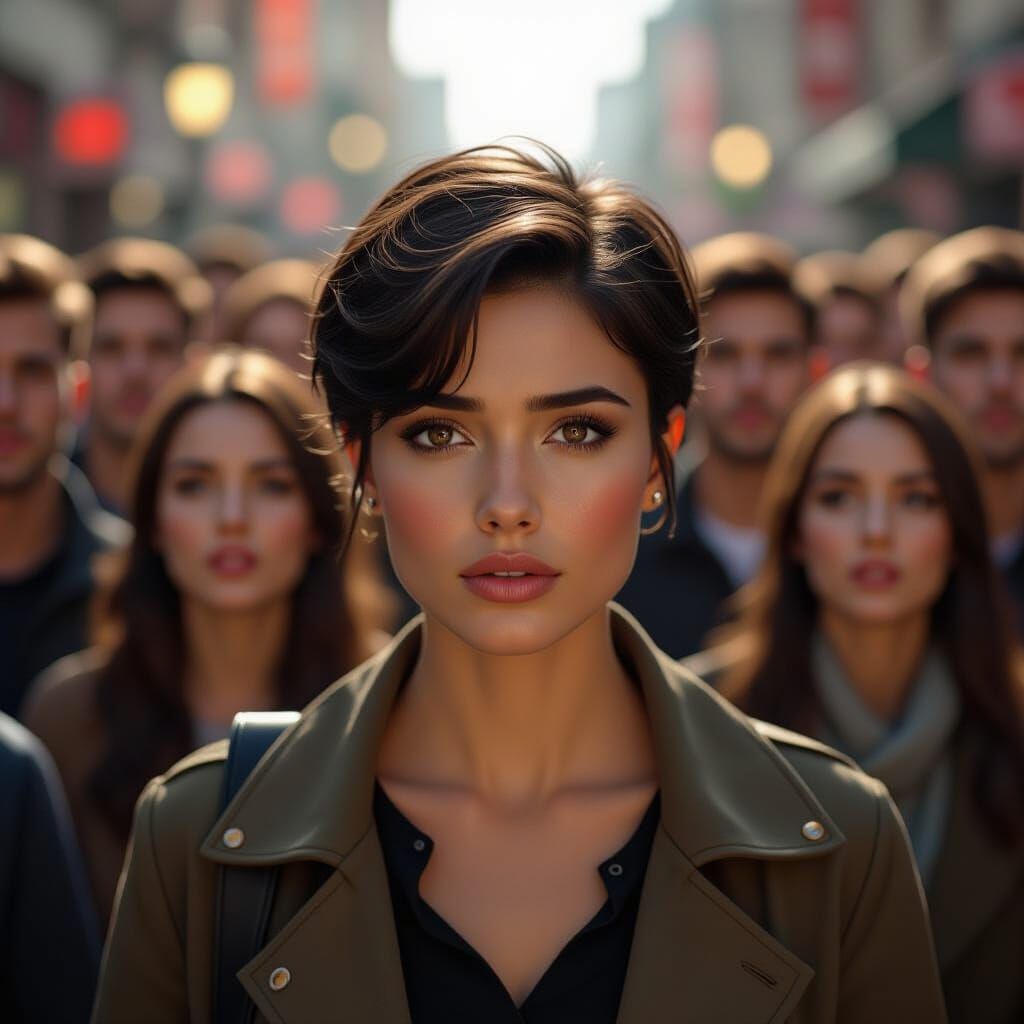 Anxious Figure Navigates Suspicious Crowd