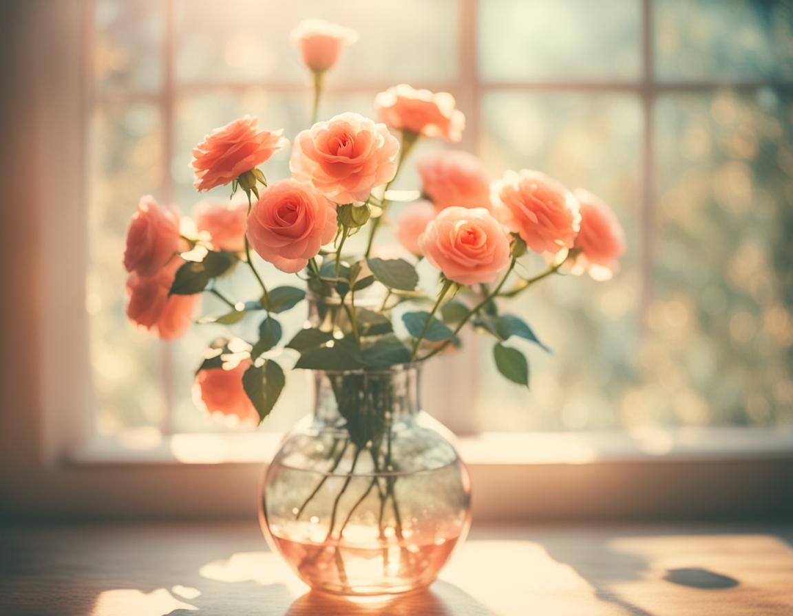 Coral Roses in Vase: Vintage Polaroid Style