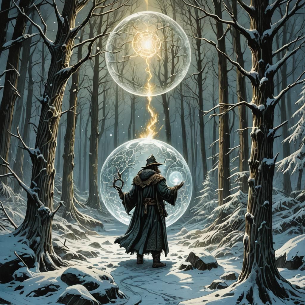 Mage Casting Ice Protection Spell in Retro Style