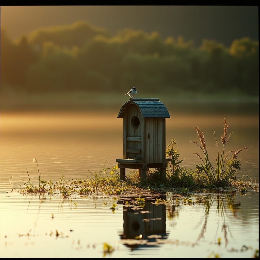 Birdhouse on a Lake with Cinematic Lighting