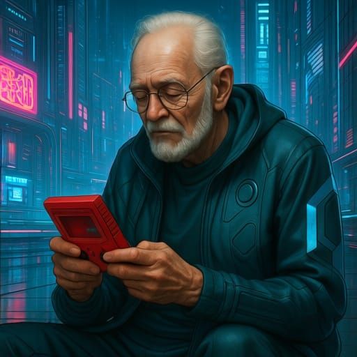 Old Man Plays Gameboy in Neon Cityscape