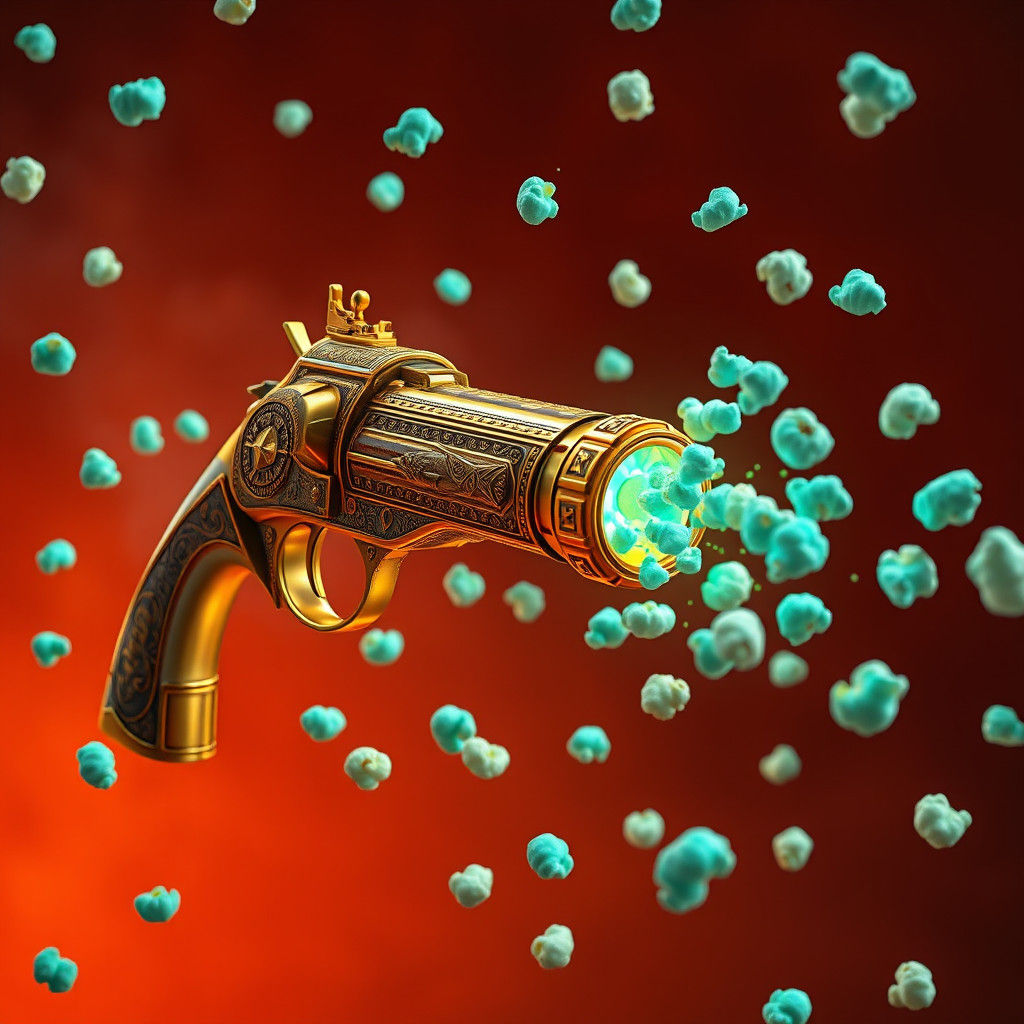 Golden Pistol Fires Popcorn in Dreamlike Setting