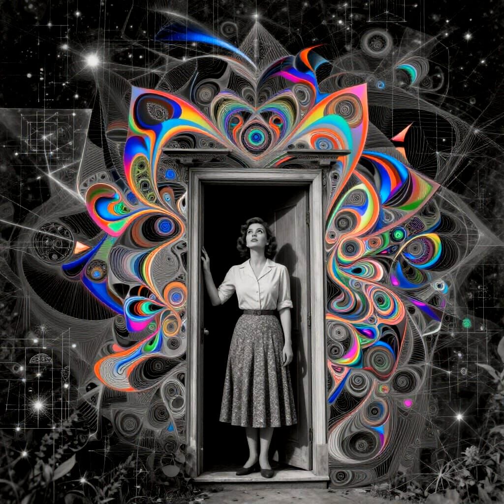 1940s Woman Gazes at Starry Sky in Op Art Painting