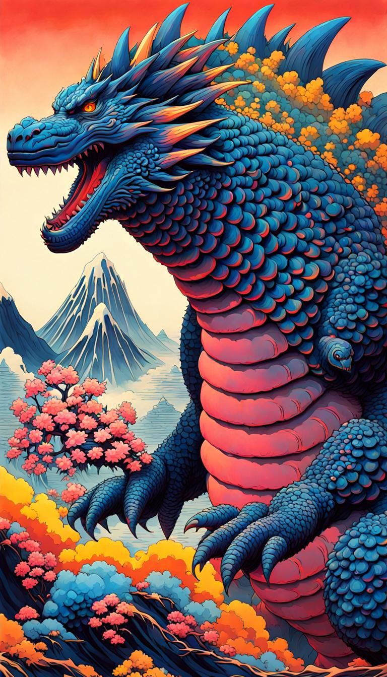Godzilla as Colorful Japanese Pottery