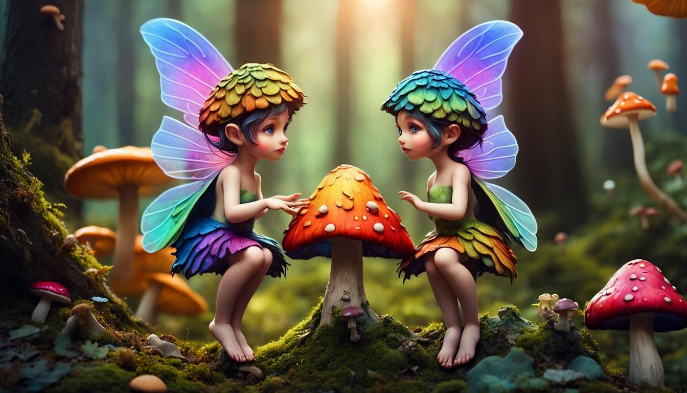 Winged Fairies Playing Under Colorful Mushroom