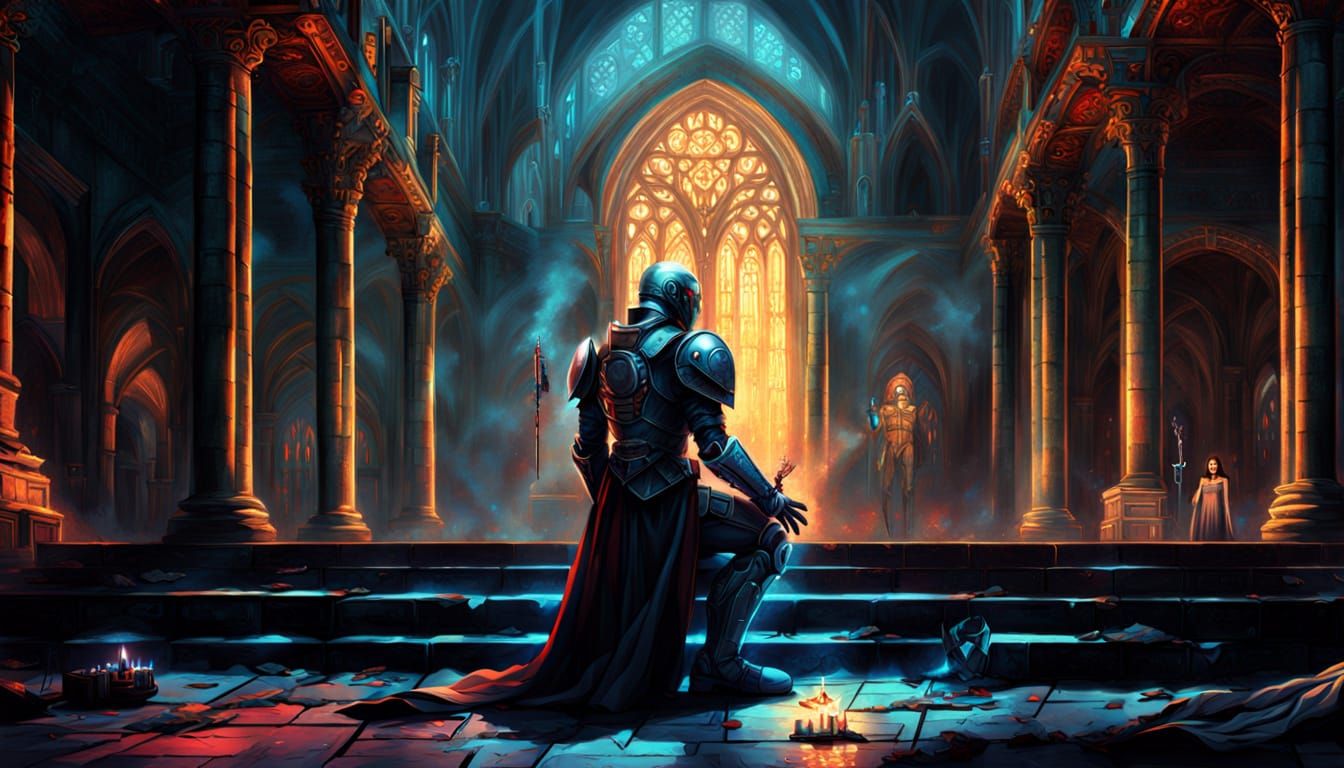 Cyborg Knight Pledges Allegiance to the Queen in a Ruined Ca...