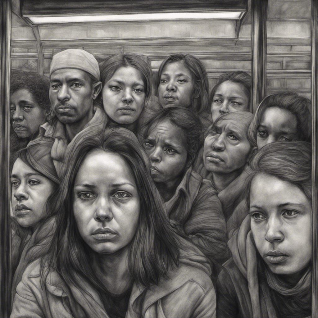 a thought-provoking charcoal drawing of friends huddled together on a subway platform, their eyes reflecting shared sadn...