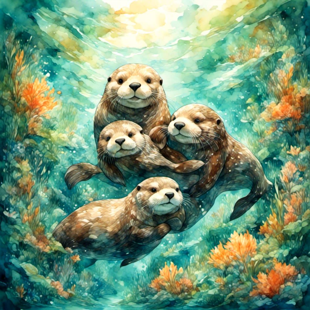 <lora:Watercolor:1.0> <lora:Reaviless V1:1.0> <lora:WatercolorMix1:1.0> <lora:Endless Melody:1.0> 2 sea otters moms brow...