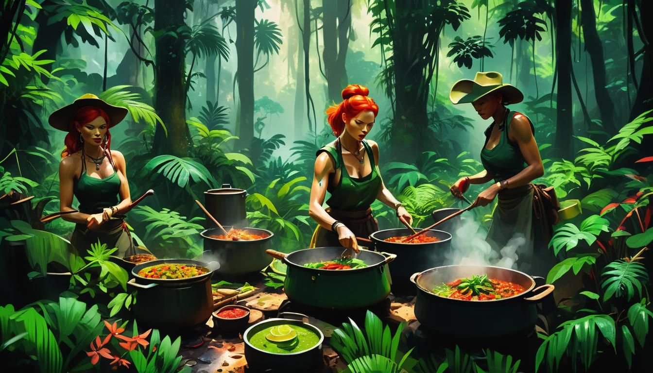 Jungle Guerillas Preparing Food, Fauvist Concept Art