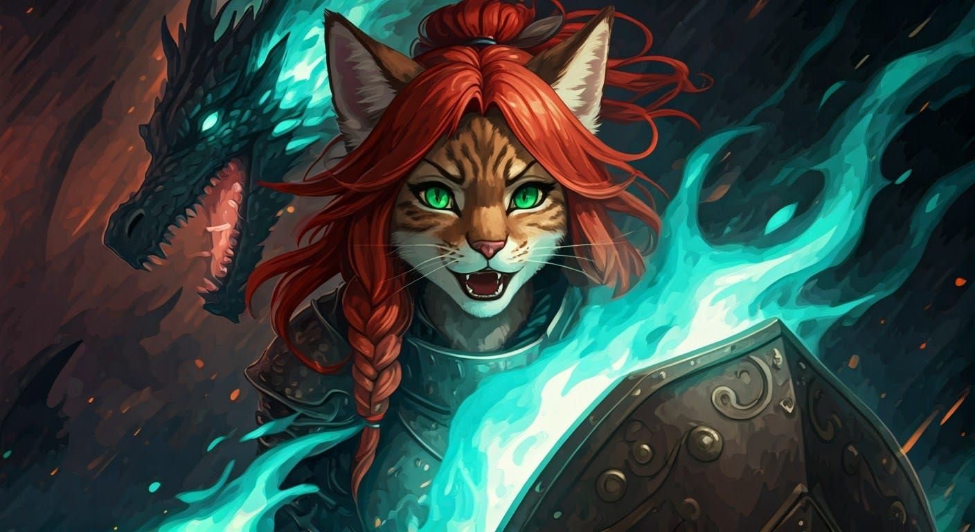 Heroic Feline Knight Engulfed by Dragonfire