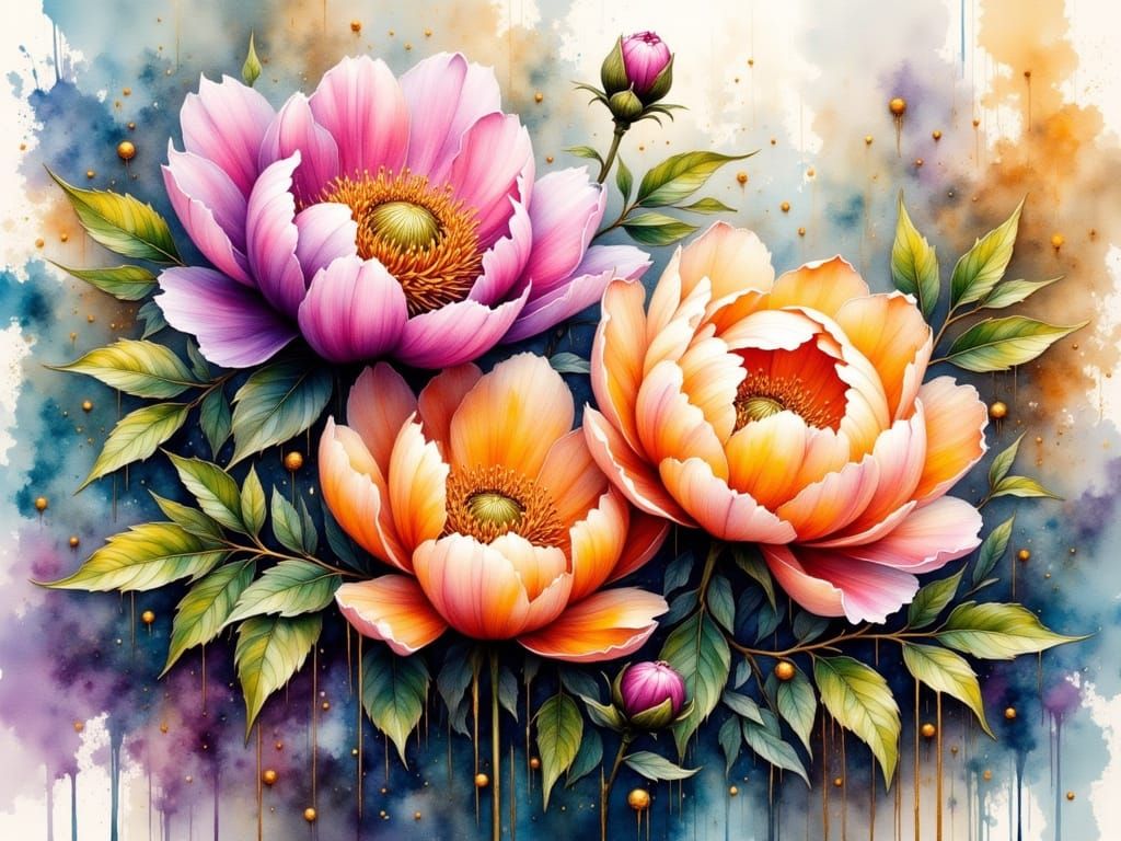 Vibrant Peony Flowers in Watercolor Grunge Style