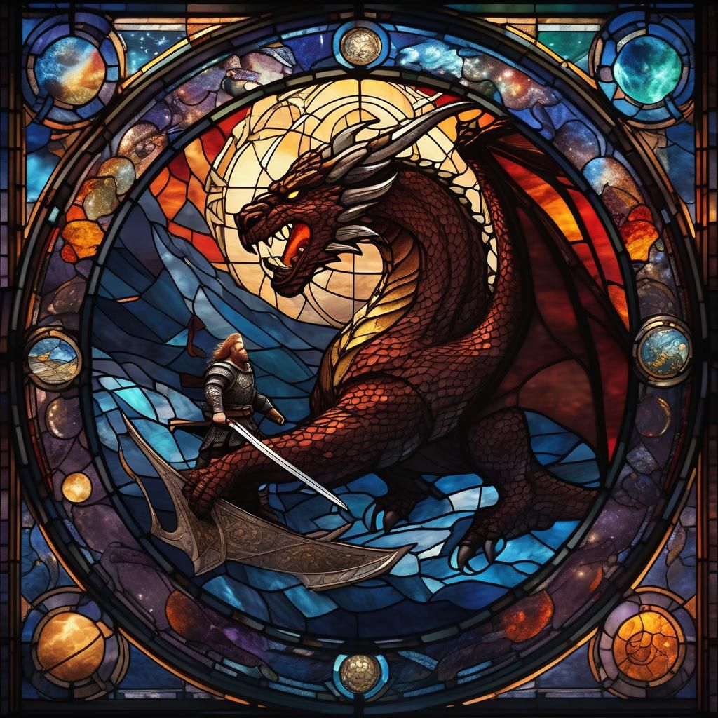 Viking Dragon Battle in Space: Stained Glass Art