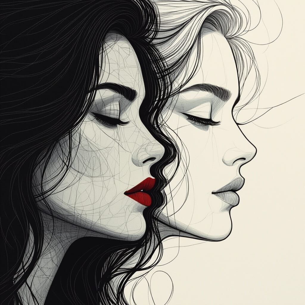 Minimalist Line Art of Twin Faces Drawn from One Line