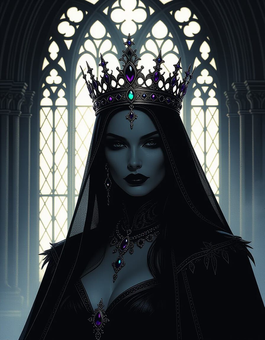 Shadowed Queen Before Gothic Cathedral, Pulsing Crown