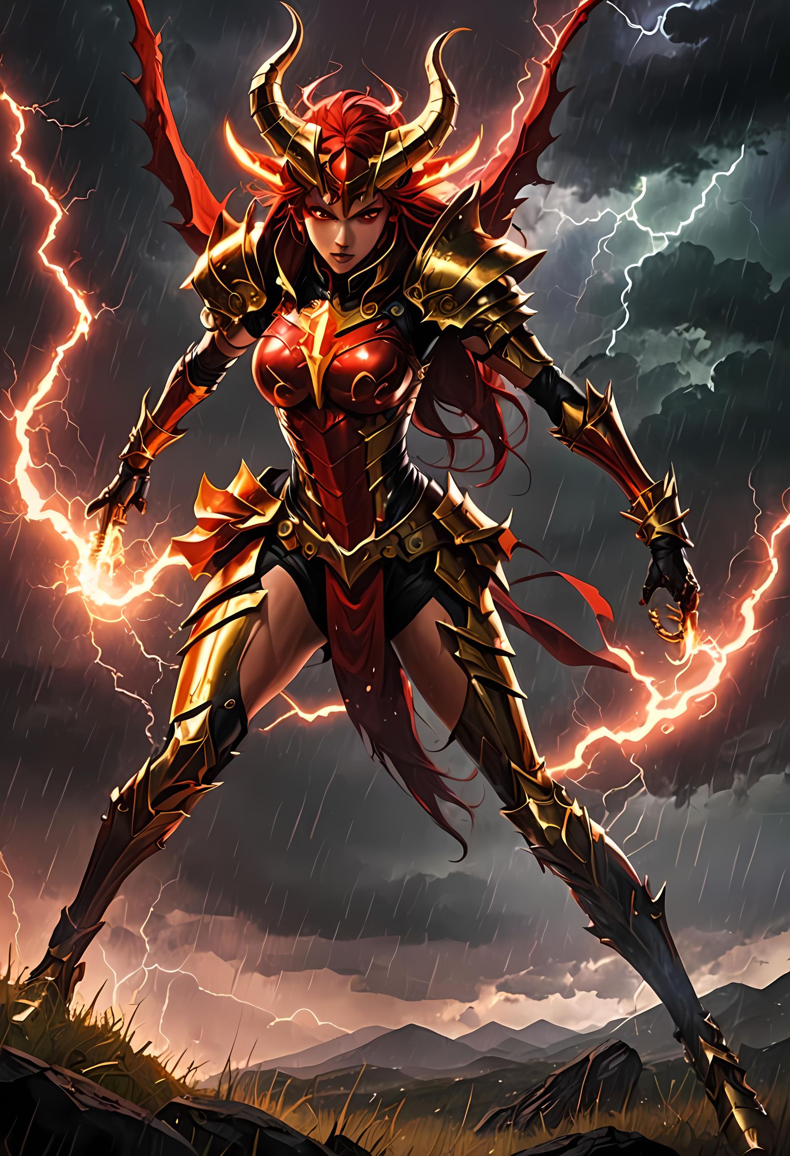 Anime Demon Hunter in Red Lightning Storm