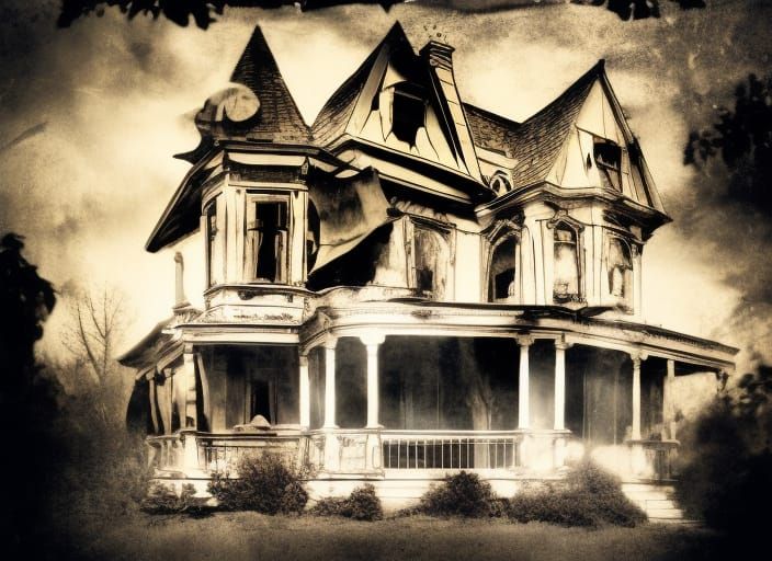 Vintage Haunted Victorian House in Sepia