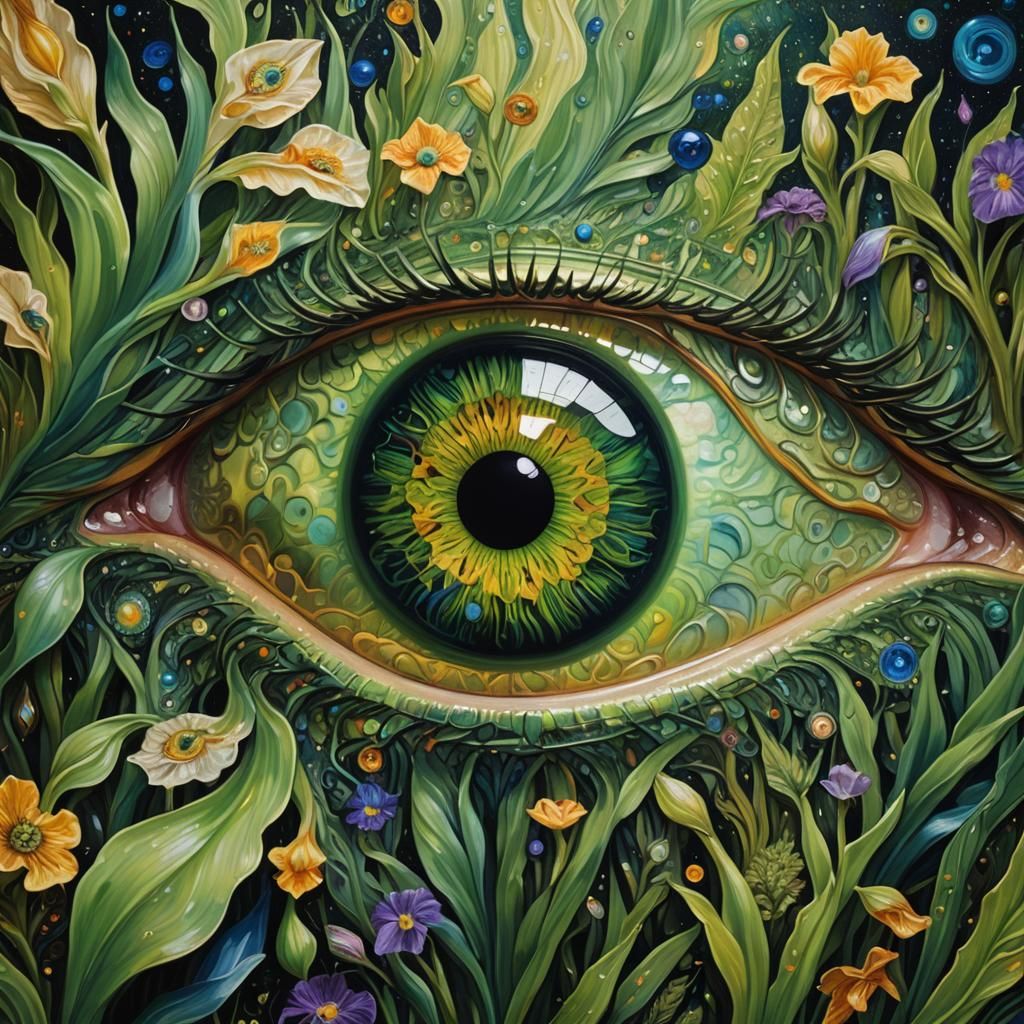 Cosmic Green Eye: Surrealist Oil Painting in Klimt Style
