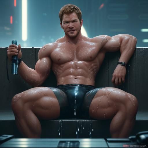 Chris Pratt-like Bodybuilder in Cyberpunk Neon Scene