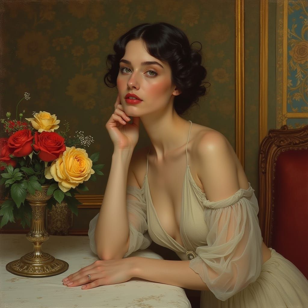 Elegant Woman with Roses in Art Nouveau Style
